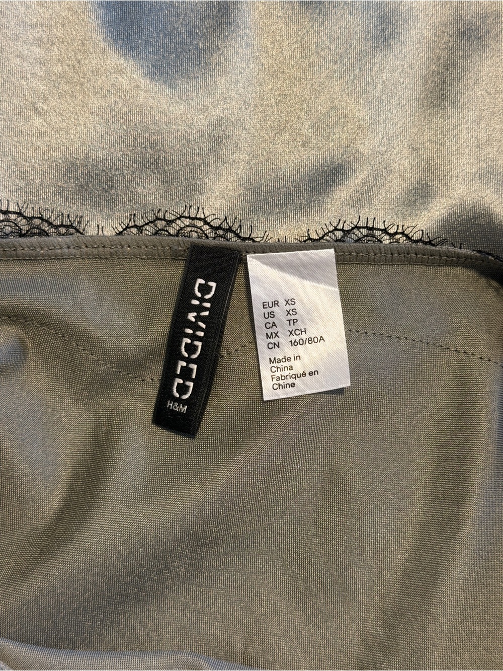 H&M - Sage Green Asymmetrical Slip Dress with Black Lace Trim - Picture 2 of 5